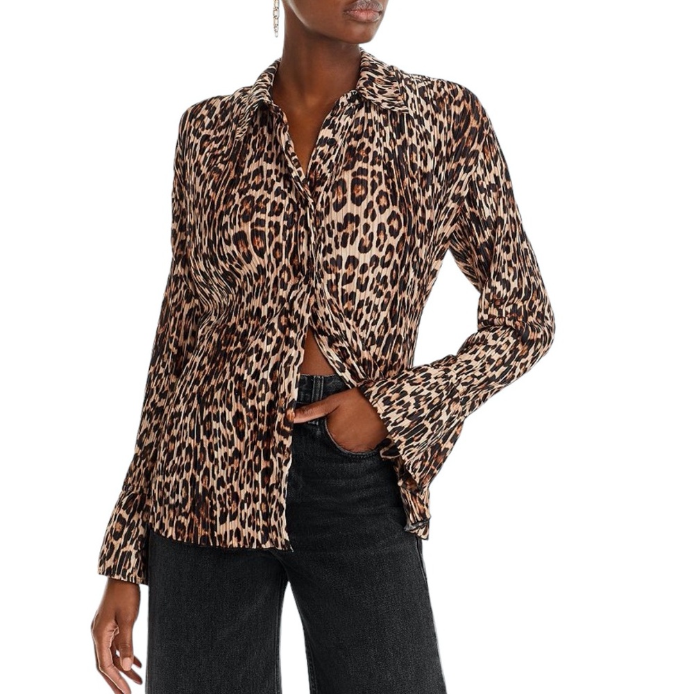 GOOD AMERICAN ALWAYS FITS LEOPARD PRINT PLISSE PLEATED BUTTON DOWN SHIRT